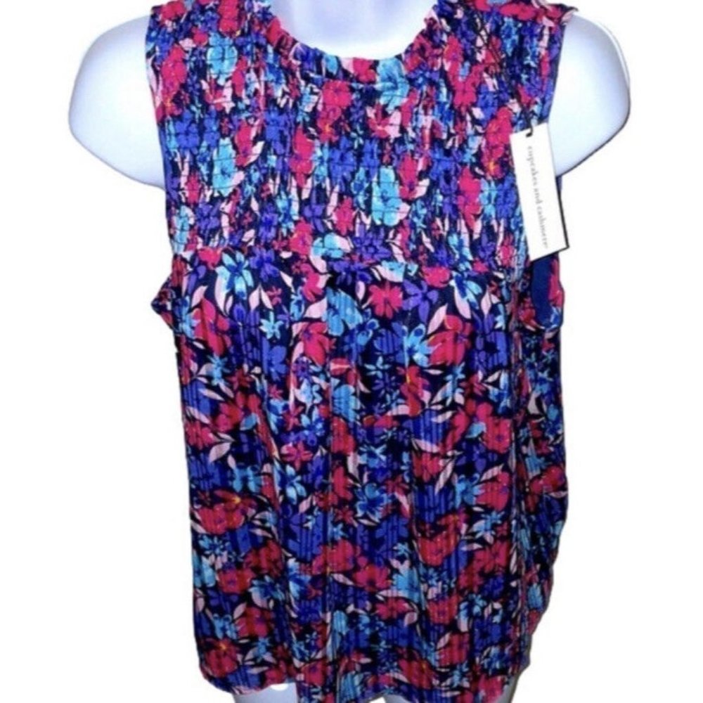 CUPCAKES AND CASHMERE Floral Chiffon Sleeveless Peasant Top size XS smocked neck